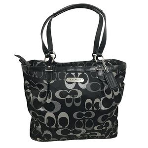 Coach F19675 Gallery Optic Metallic Signature Tote Shoulder Bag Black Silver